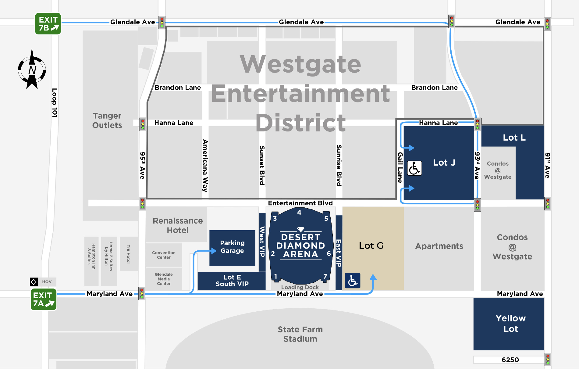 Map of Desert Diamond Arena parking access.