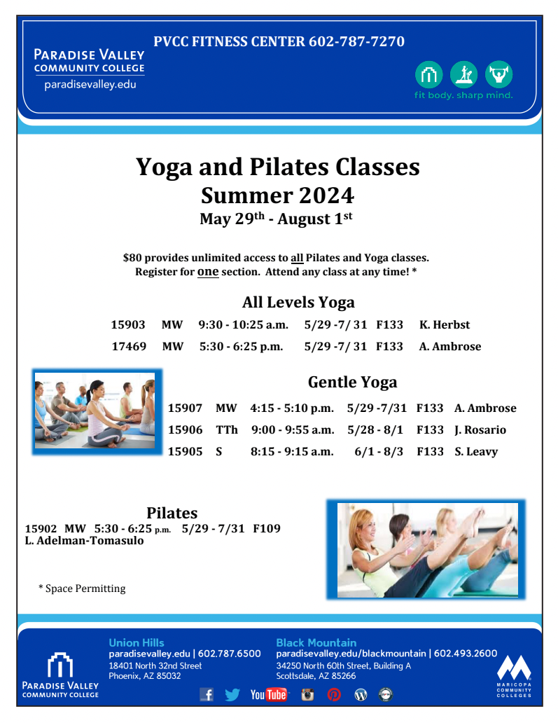 Summer 20224 Yoga and Pilates Class Schedule